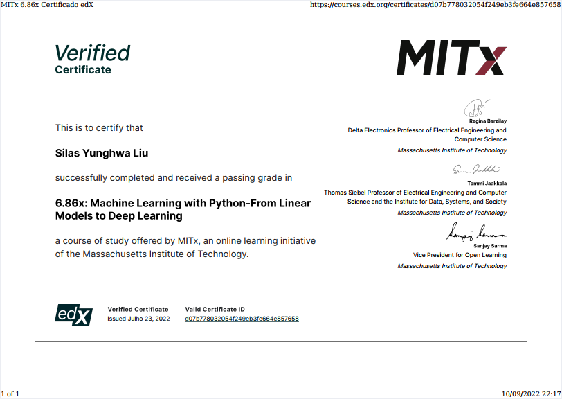 edX MITx 6.86x — Machine Learning with Python-From Linear Models to Deep Learning (150 H) certificate